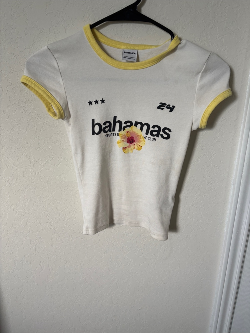 Bershka Kids White Tee with Yellow Ringer Trim and Floral Graphic
